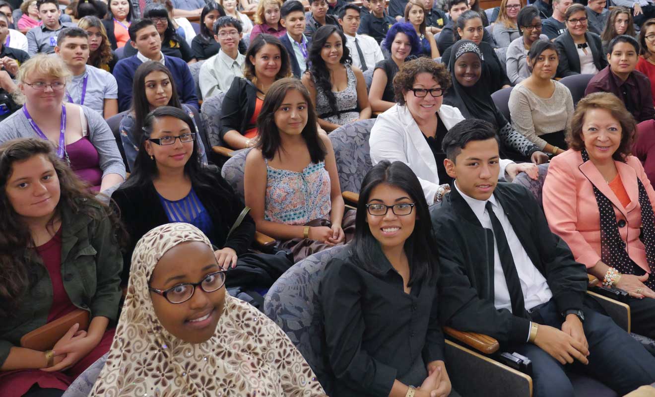 Justice Sonia Sotomayor U.S. Supreme Court Justice Sonia Sotomayor (second row, wearing a white jacket) with Aurora West College Preparatory Students. Judge Christine Arguello is pictured in the front row. Photo by Glenn Asakawa.