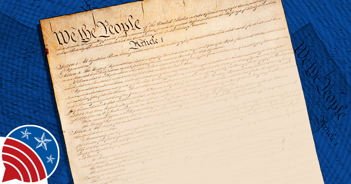 The United States Constitution, set over a blue background, with its text fading into existence.