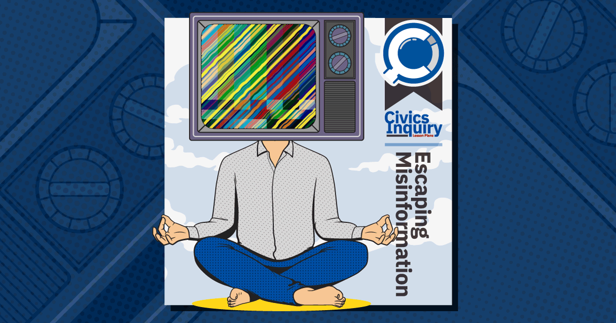 Illustration of a man in a seated, zen position, whose head is a TV on the fritz with a nuclear mushroom cloud shooting out the top.
